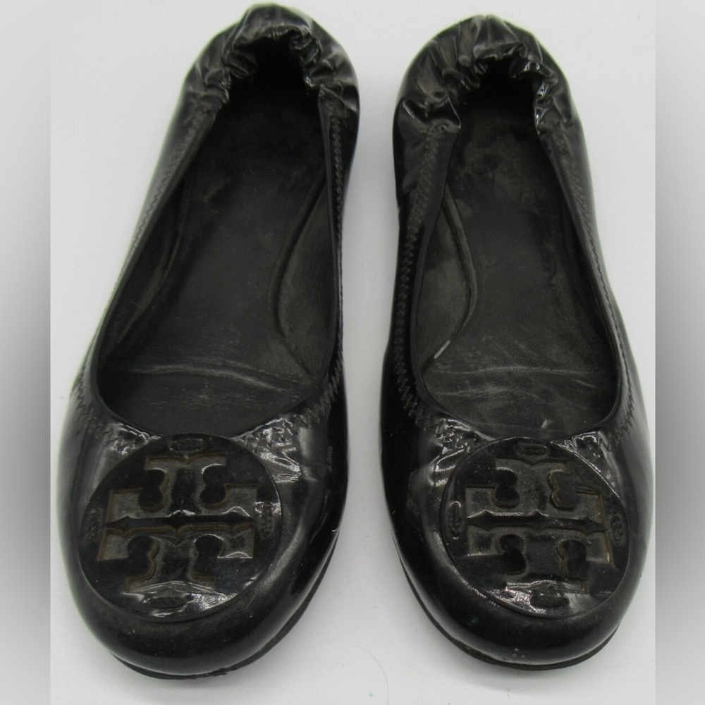 Tory Burch Black Patent Logo Round-Toe Ballet Flats